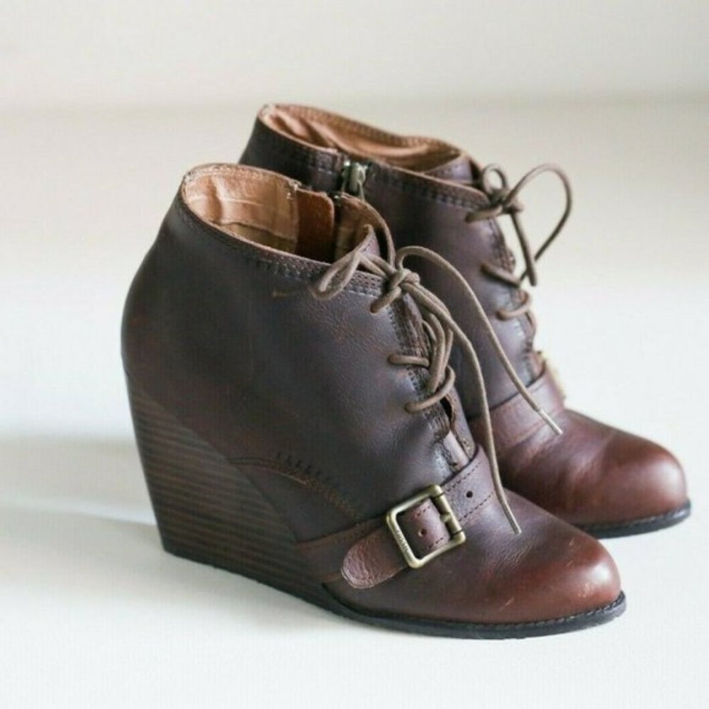 Fossil Charlene Brown Leather Wedge Lace up Bootie, size 8.5